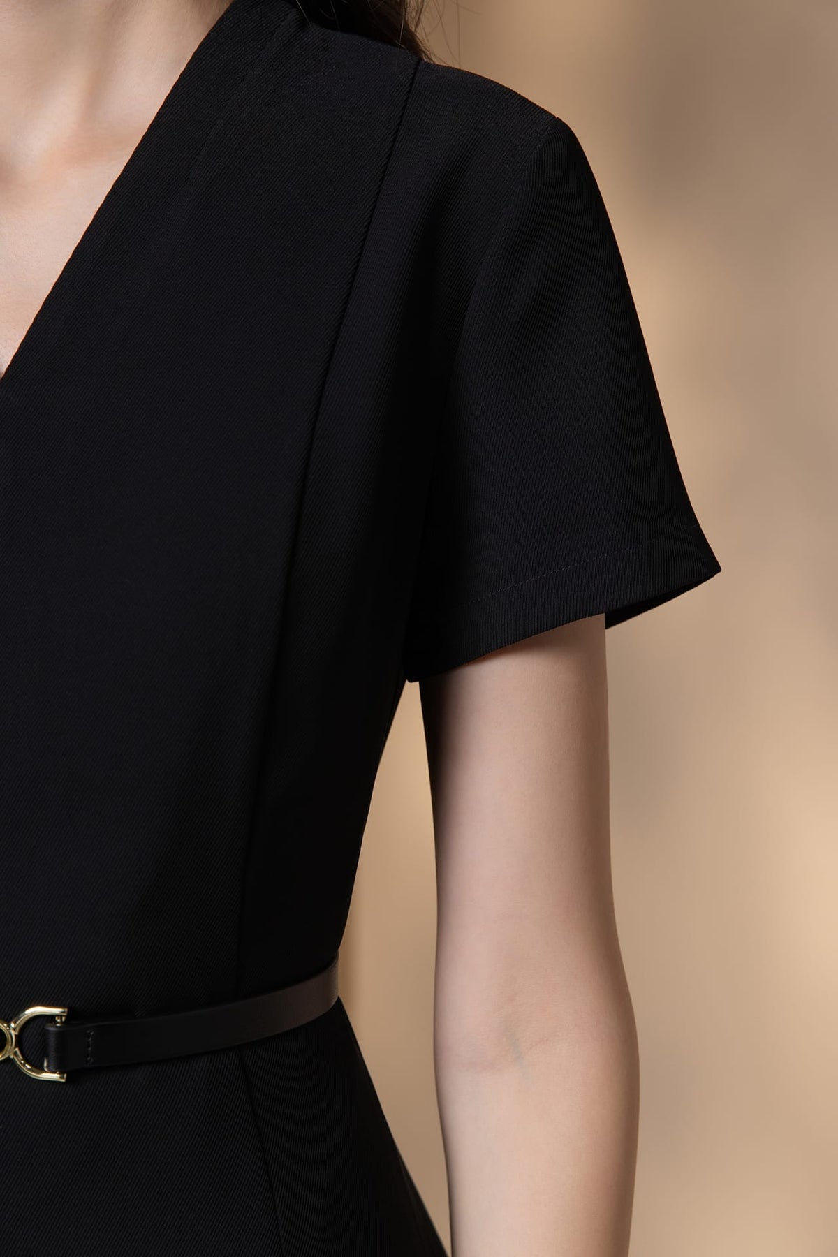 Poly Cavalry Twill Fit & Flare V-Neck Dress with Belt