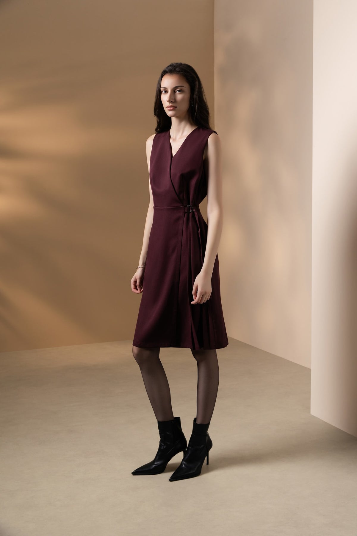 Poly Ottoman Wrap Front A-Shape V-Neck Dress