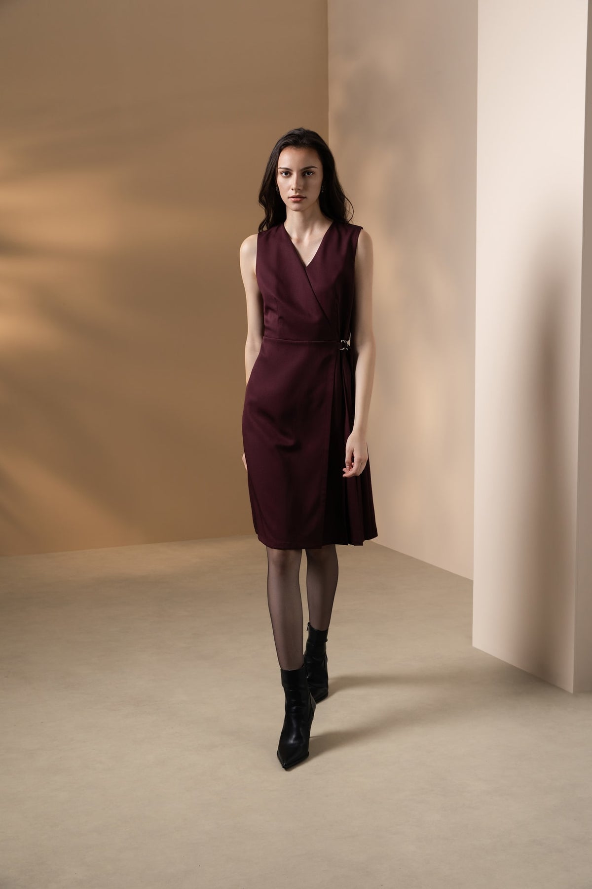 Poly Ottoman Wrap Front A-Shape V-Neck Dress