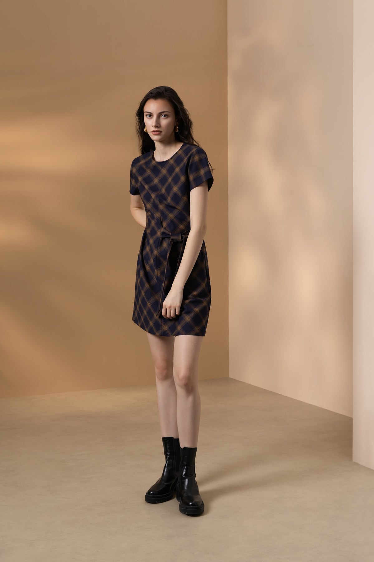 Poly Plaid A-Shape Round Neck Dress