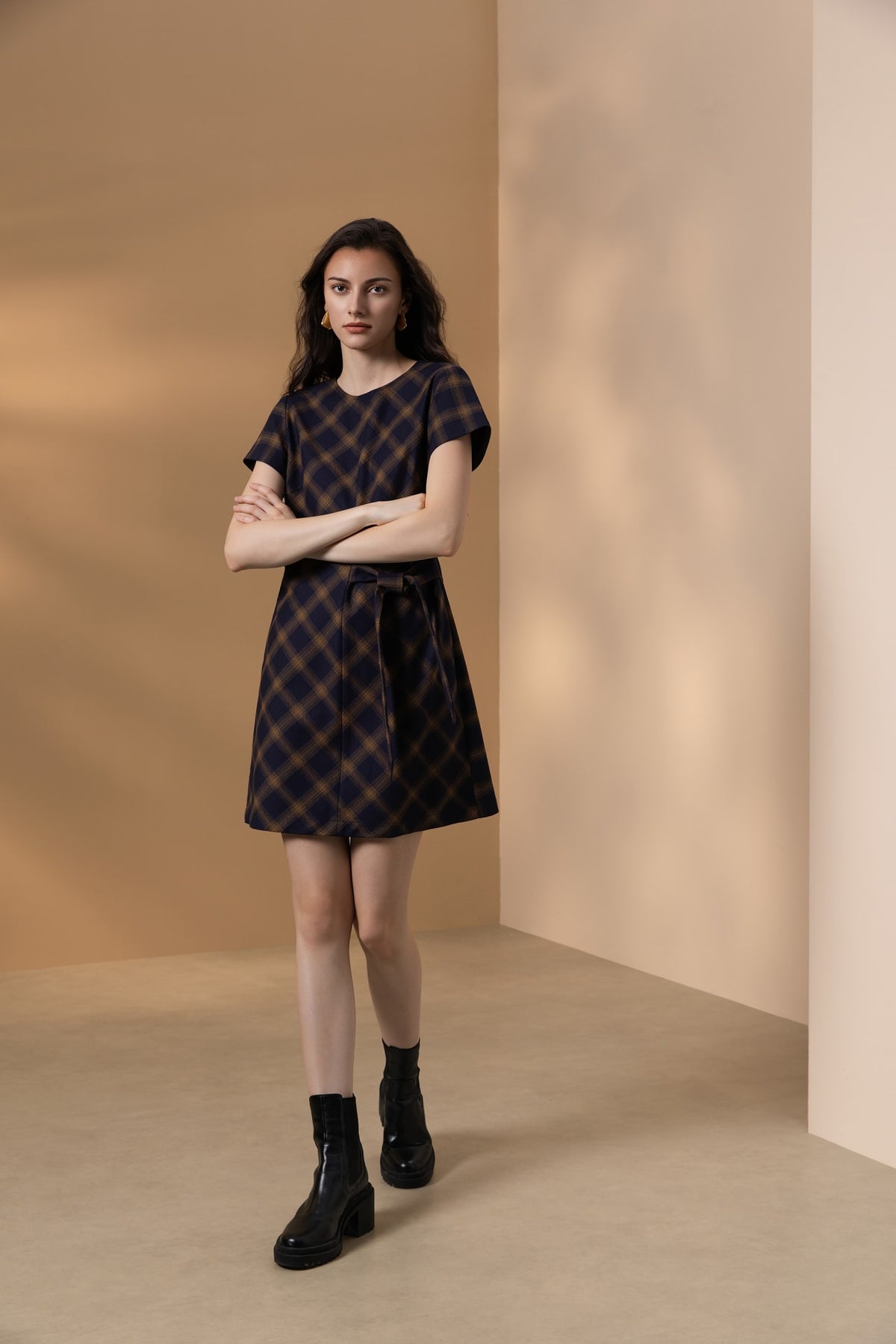 Poly Plaid A-Shape Round Neck Dress