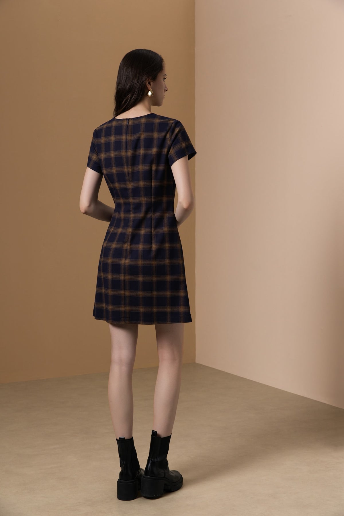 Poly Plaid A-Shape Round Neck Dress