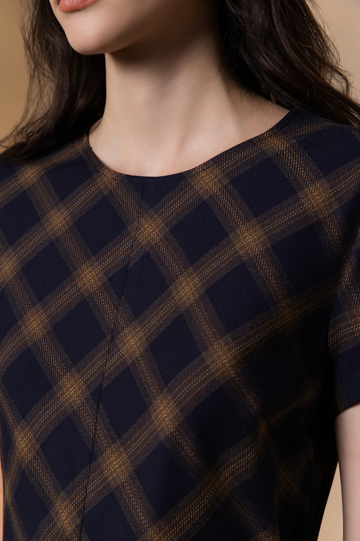 Poly Plaid A-Shape Round Neck Dress