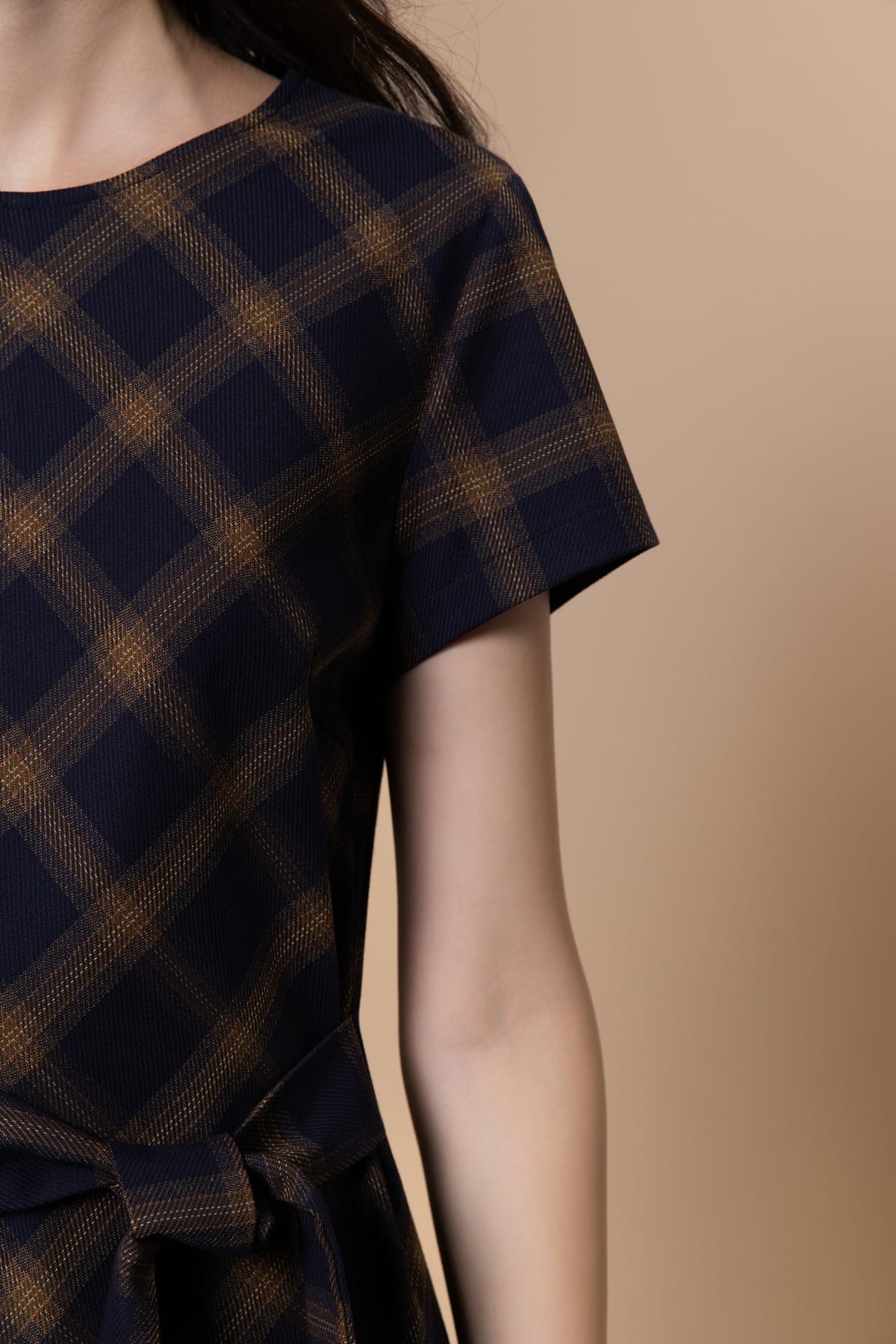 Poly Plaid A-Shape Round Neck Dress