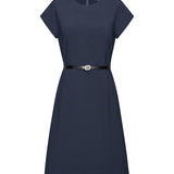 Multi-Way Stretch Poly Crepe Fit & Flare Round Neck Dress with Belt