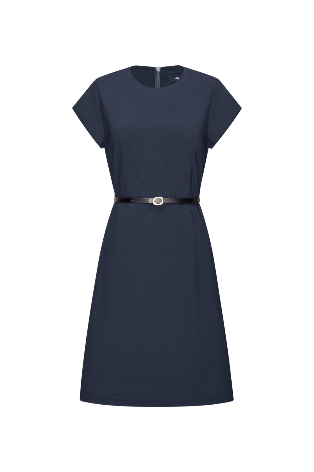 Multi-Way Stretch Poly Crepe Fit & Flare Round Neck Dress with Belt