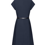 Multi-Way Stretch Poly Crepe Fit & Flare Round Neck Dress with Belt