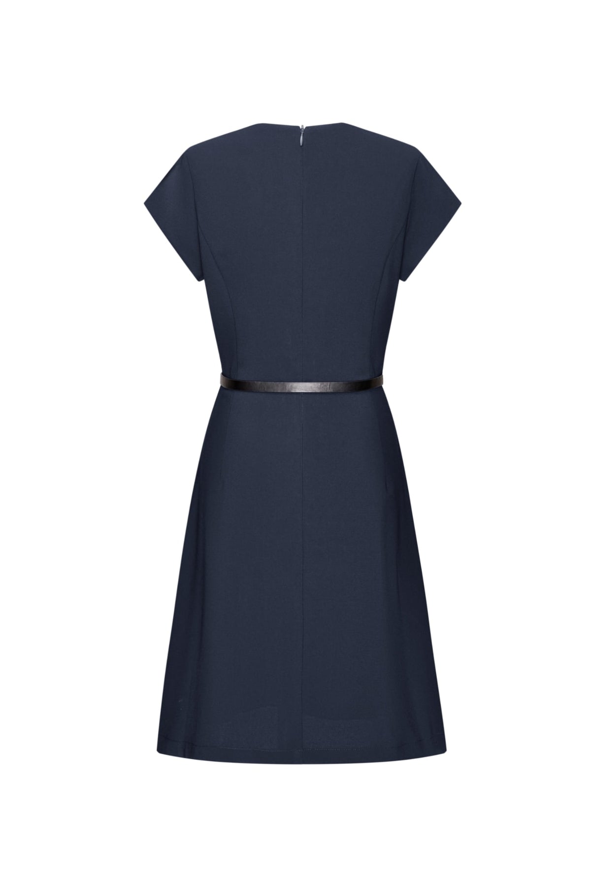 Multi-Way Stretch Poly Crepe Fit & Flare Round Neck Dress with Belt