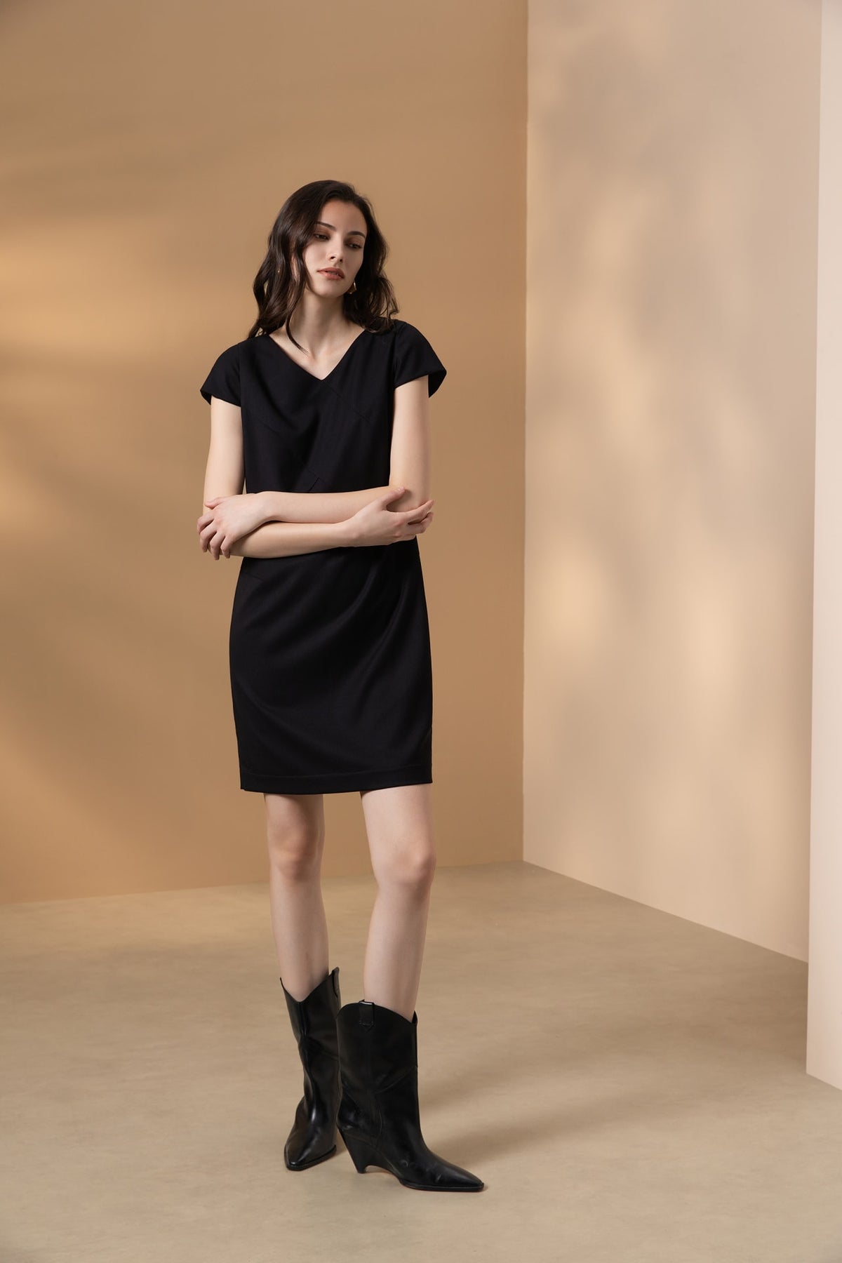 Poly Cavalry Twill Warp Front Comfort Fitted V-Neck Dress