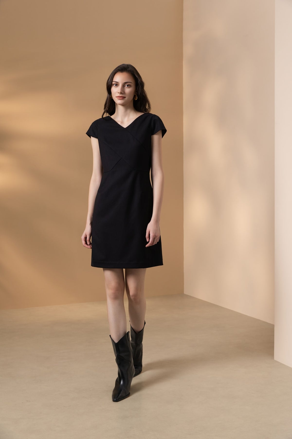 Poly Cavalry Twill Warp Front Comfort Fitted V-Neck Dress