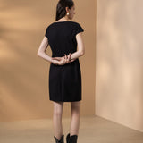 Poly Cavalry Twill Warp Front Comfort Fitted V-Neck Dress