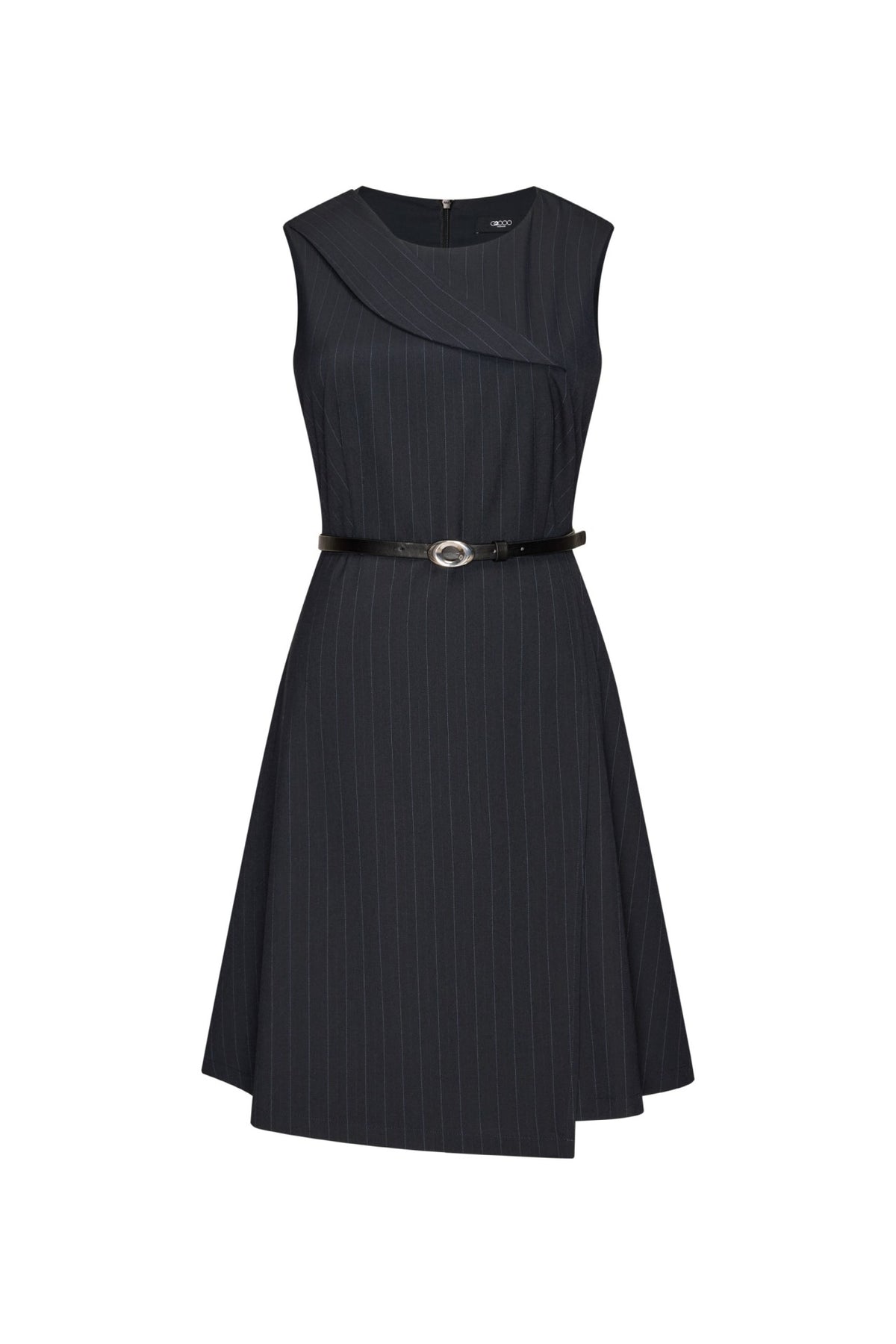 Poly Rayon Stripe Asymmetric Lapel Fit & Flare Dress with Belt