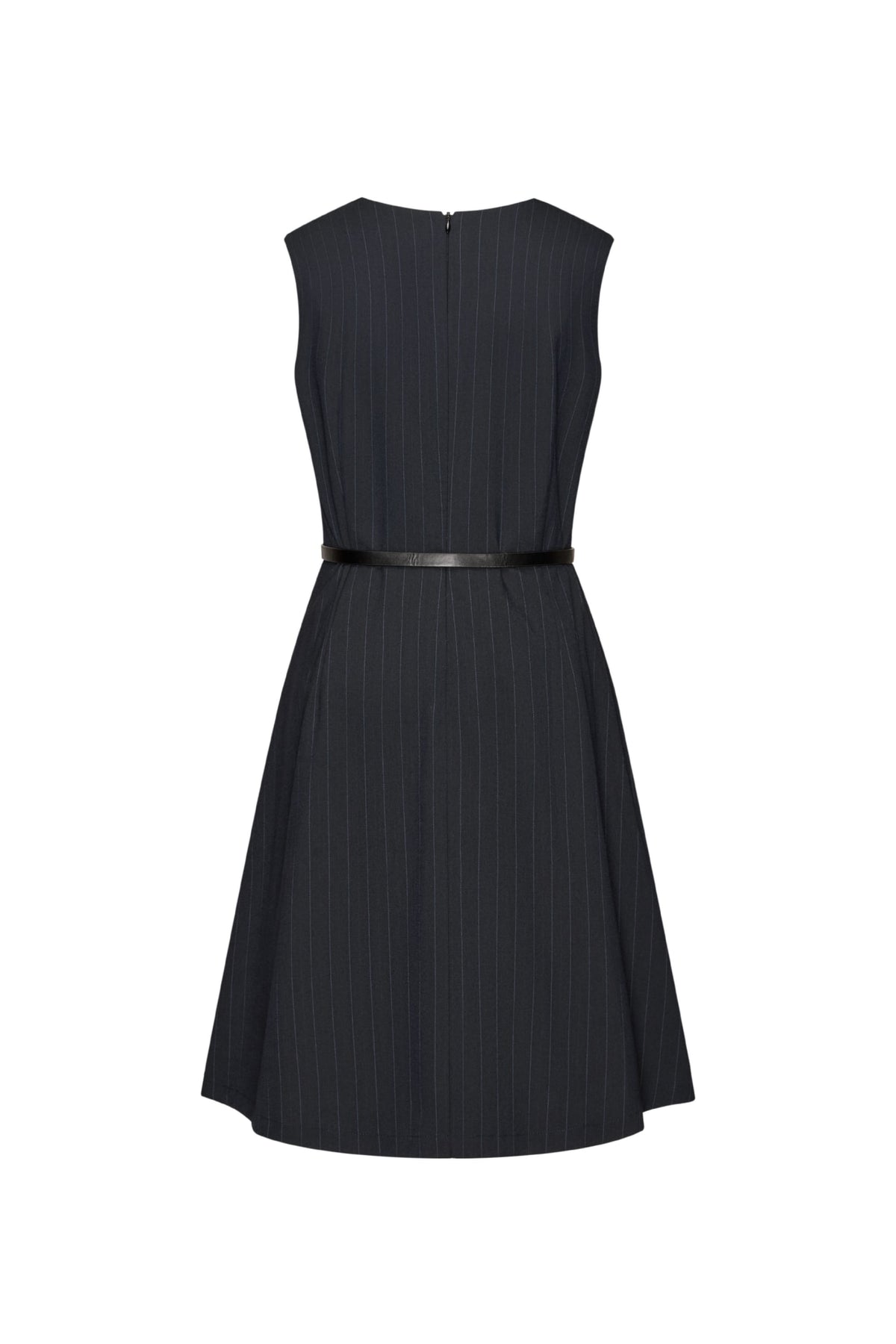 Poly Rayon Stripe Asymmetric Lapel Fit & Flare Dress with Belt