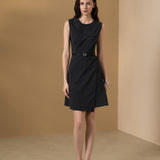 Poly Rayon Stripe Asymmetric Lapel Fit & Flare Dress with Belt
