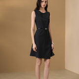 Poly Rayon Stripe Asymmetric Lapel Fit & Flare Dress with Belt