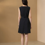 Poly Rayon Stripe Asymmetric Lapel Fit & Flare Dress with Belt