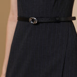 Poly Rayon Stripe Asymmetric Lapel Fit & Flare Dress with Belt