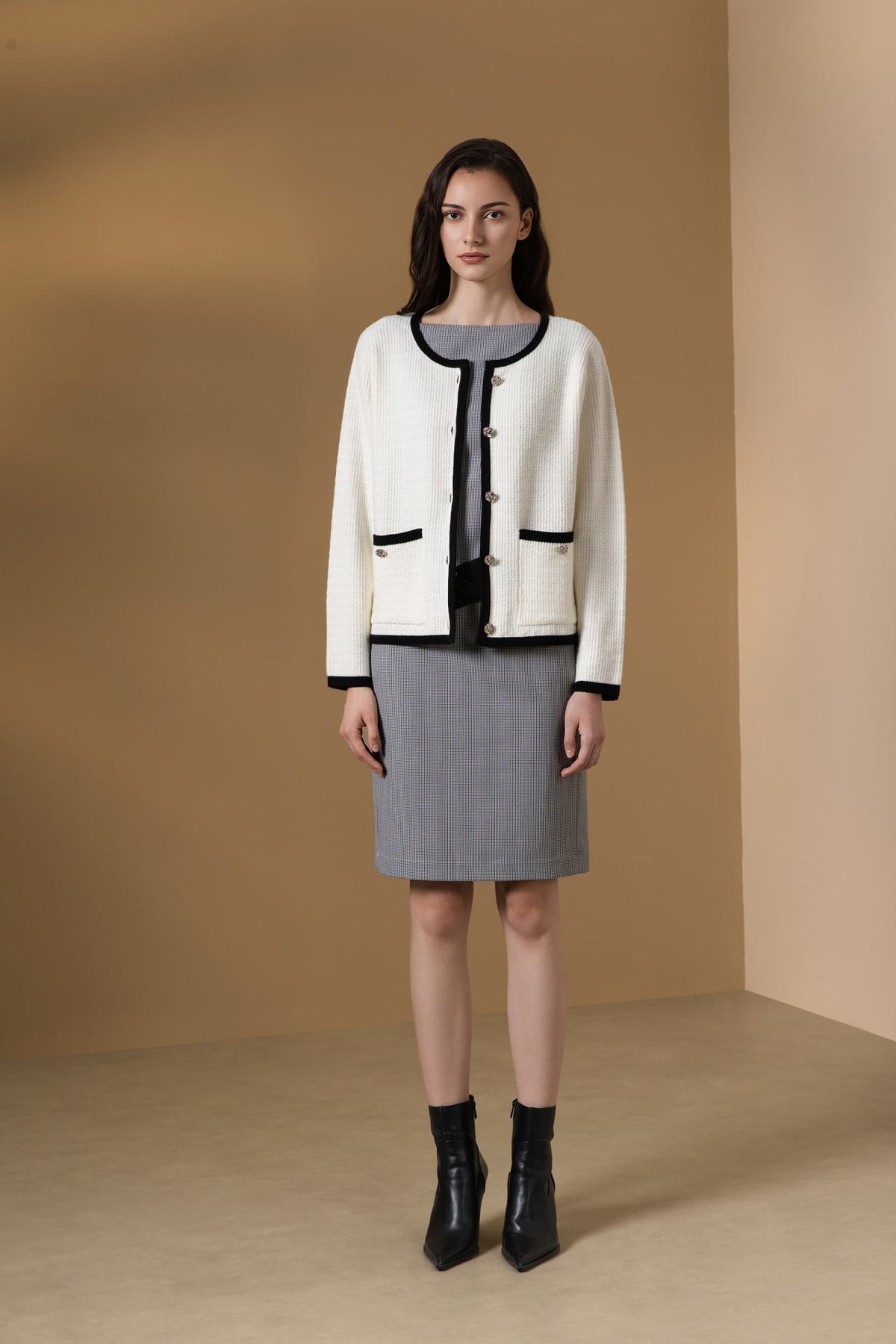 Poly Rayon Houndstooth Comfort Fitted Round Neck Dress with Belt