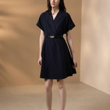 Poly Rayon Twill Fit & Flare Lapel Collar Dress with Belt