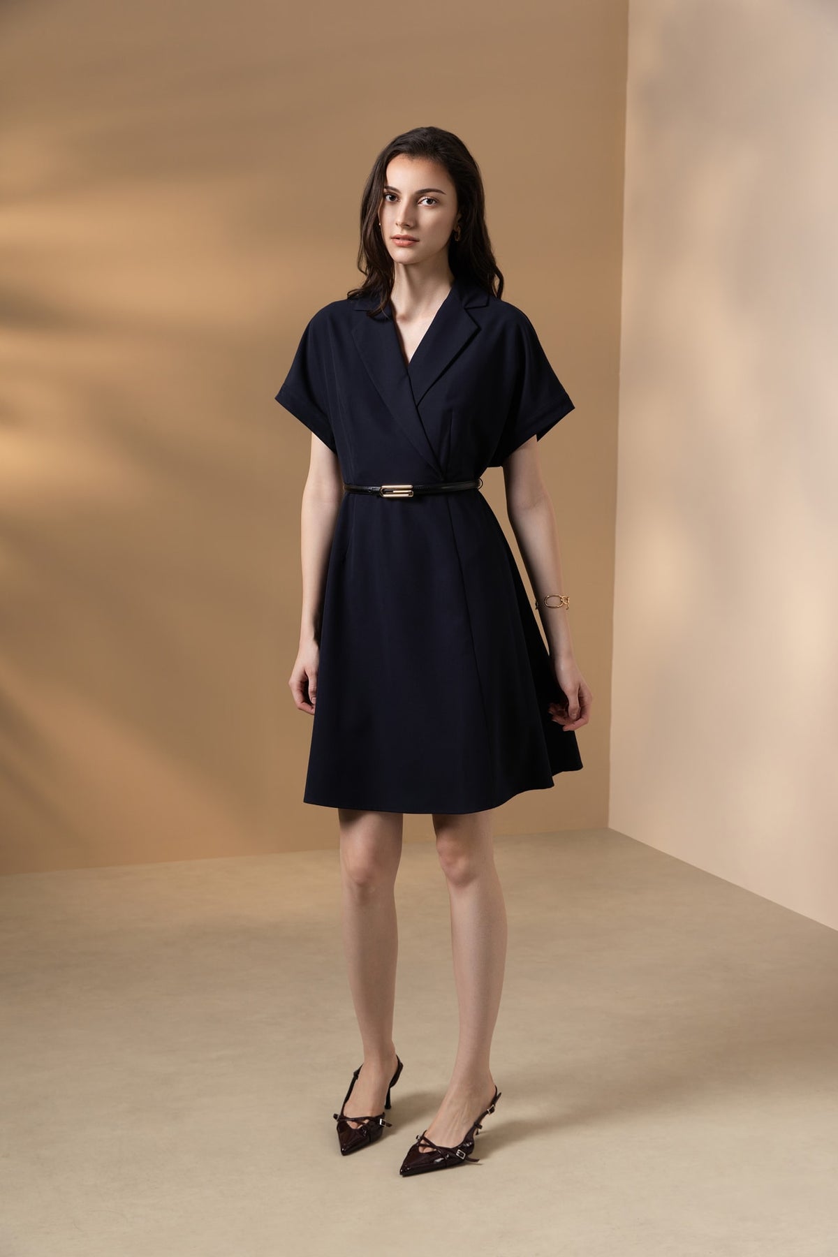 Poly Rayon Twill Fit & Flare Lapel Collar Dress with Belt