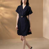 Poly Rayon Twill Fit & Flare Lapel Collar Dress with Belt