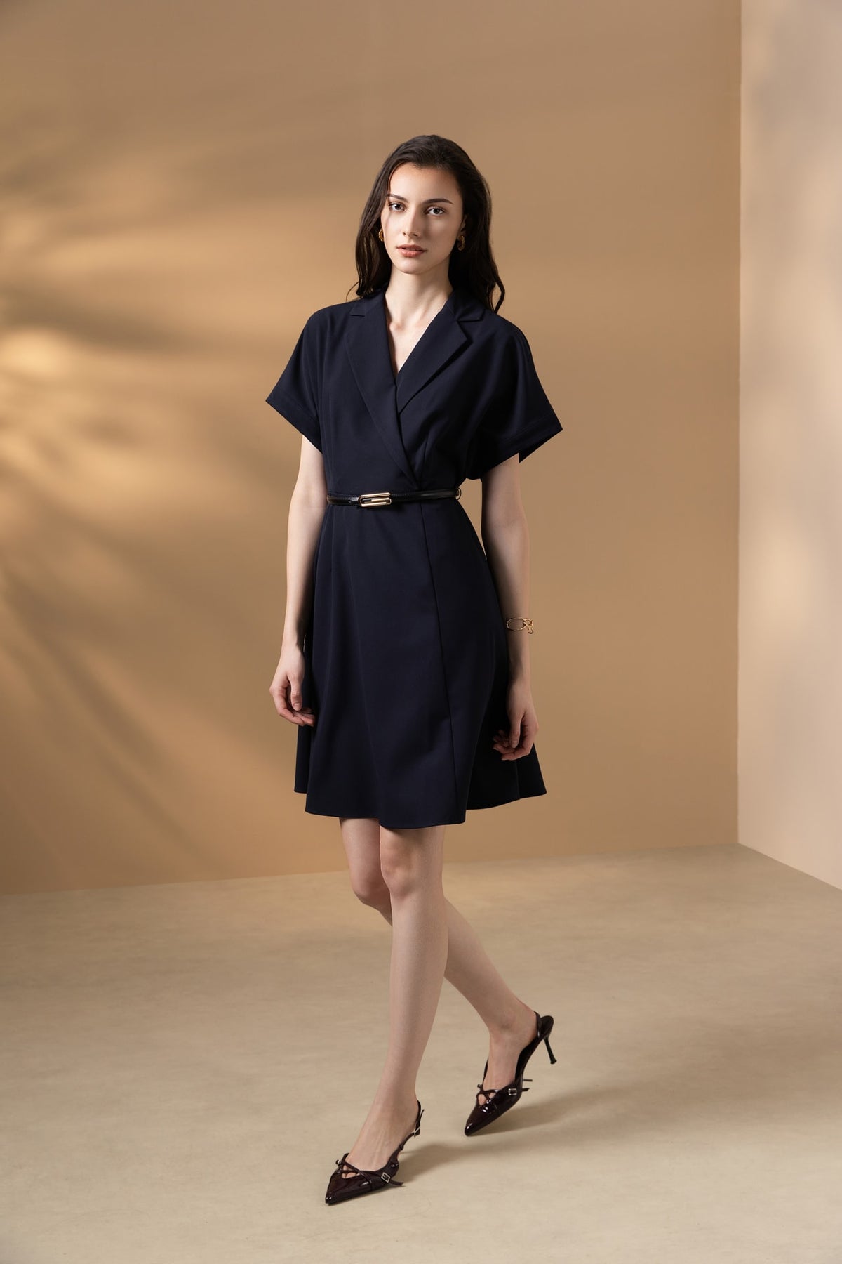 Poly Rayon Twill Fit & Flare Lapel Collar Dress with Belt