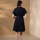 Poly Rayon Twill Fit & Flare Lapel Collar Dress with Belt