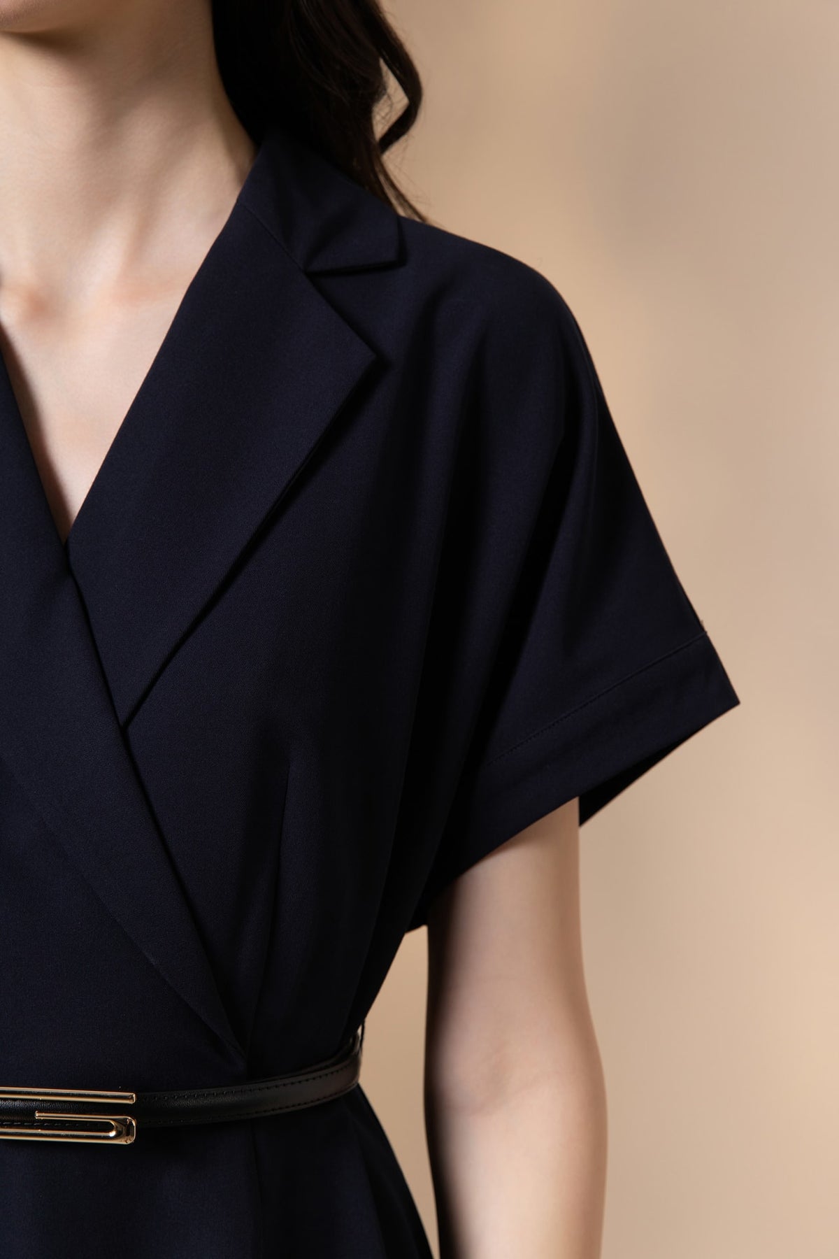Poly Rayon Twill Fit & Flare Lapel Collar Dress with Belt