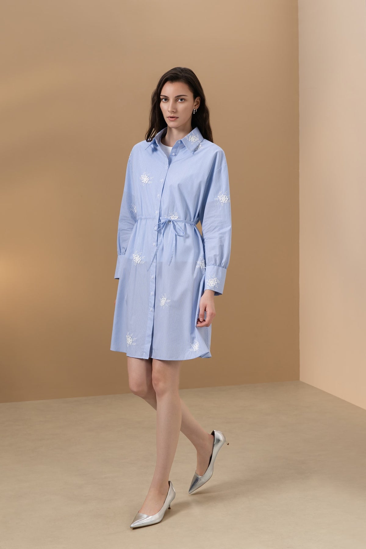 Cotton Blend Stripe Fit & Flare Shirt Collar Dress