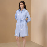 Cotton Blend Stripe Fit & Flare Shirt Collar Dress
