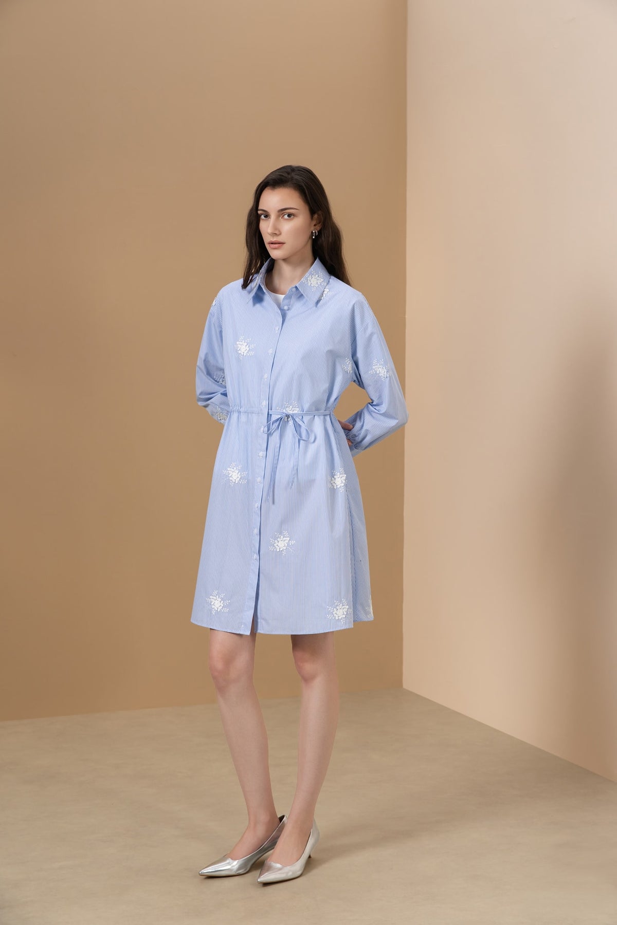 Cotton Blend Stripe Fit & Flare Shirt Collar Dress