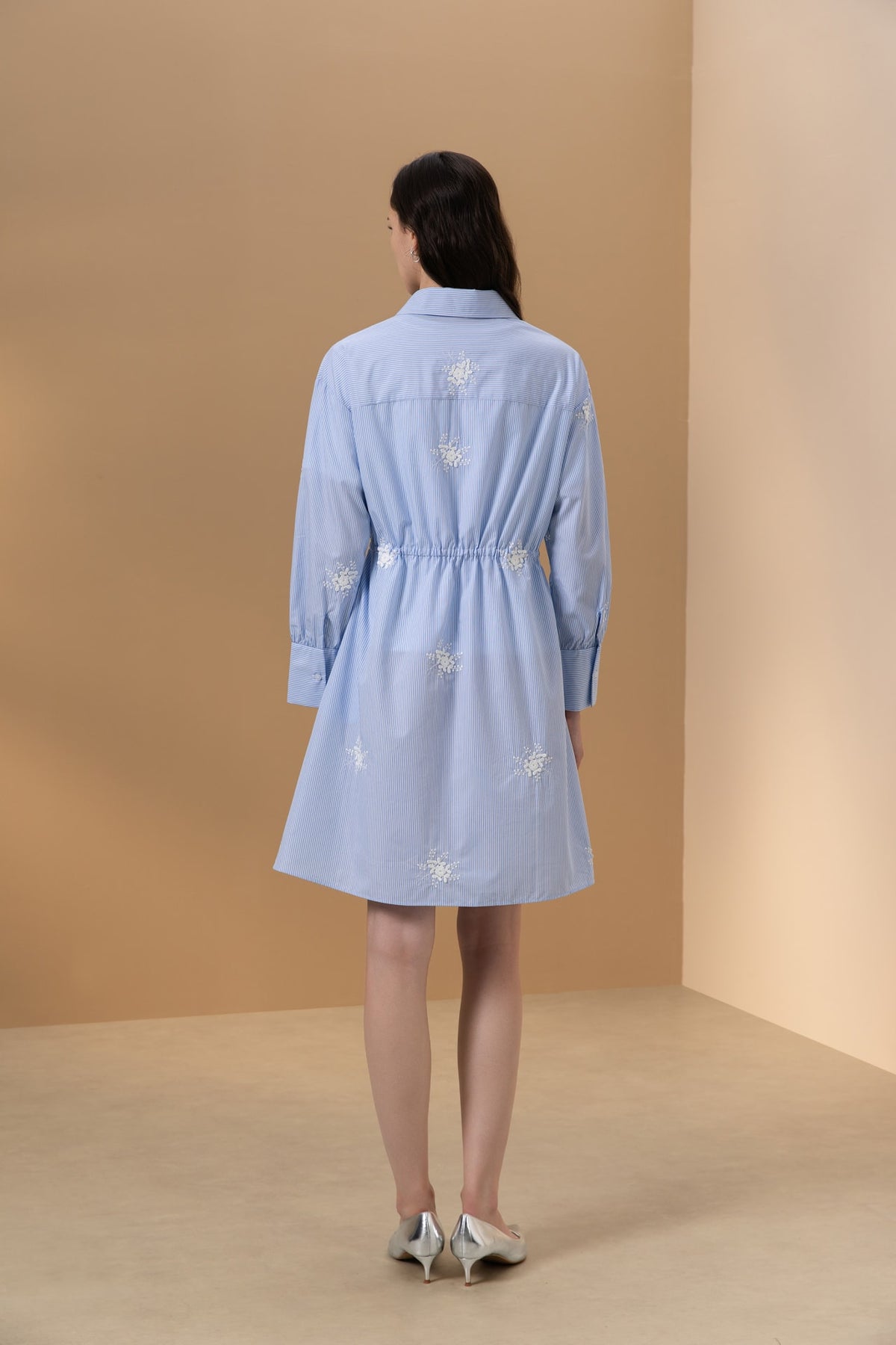 Cotton Blend Stripe Fit & Flare Shirt Collar Dress