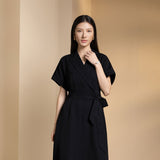 Poly Blend Seersucker Check Fit & Flare Lapel Collar Dress with Detachable Self-Fabric Belt