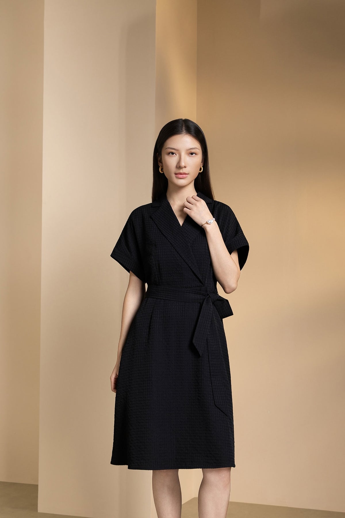 Poly Blend Seersucker Check Fit & Flare Lapel Collar Dress with Detachable Self-Fabric Belt