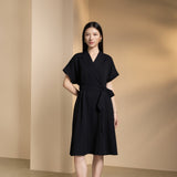 Poly Blend Seersucker Check Fit & Flare Lapel Collar Dress with Detachable Self-Fabric Belt