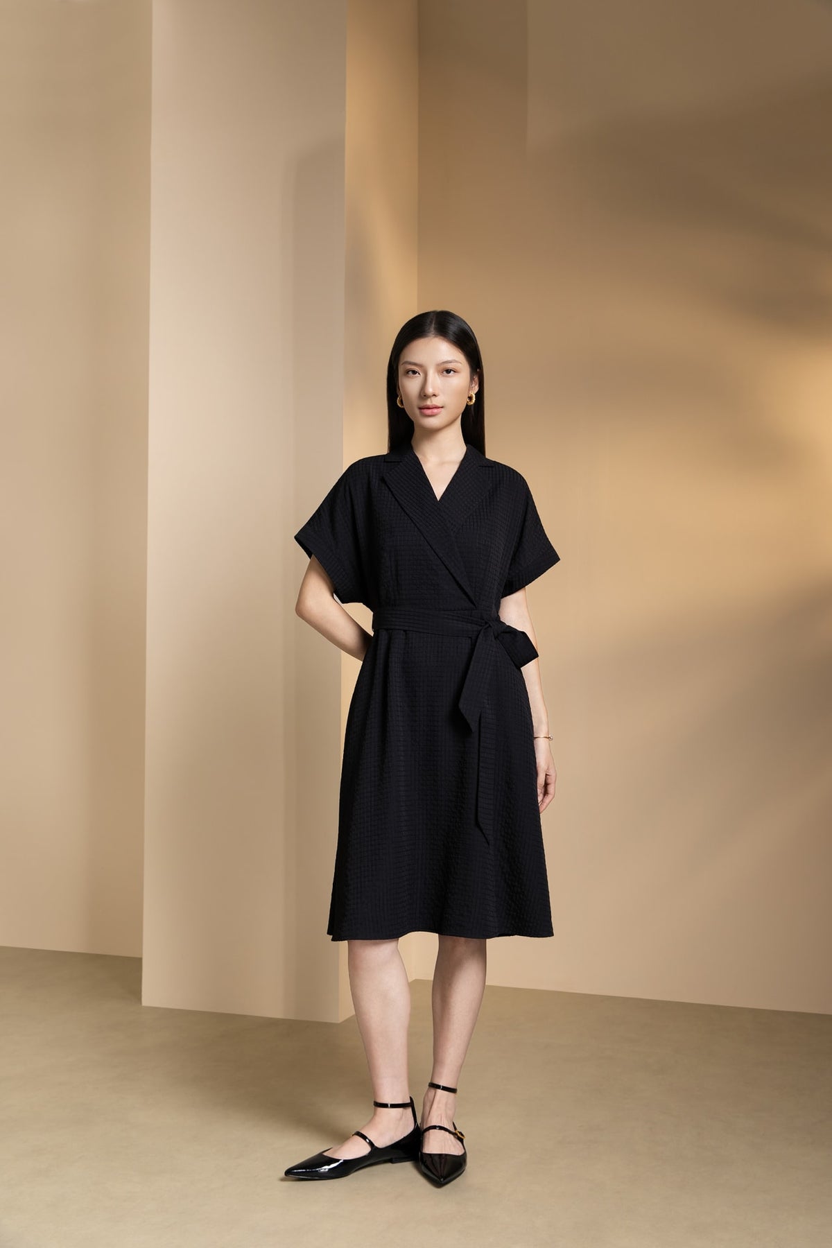 Poly Blend Seersucker Check Fit & Flare Lapel Collar Dress with Detachable Self-Fabric Belt