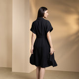 Poly Blend Seersucker Check Fit & Flare Lapel Collar Dress with Detachable Self-Fabric Belt