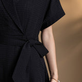 Poly Blend Seersucker Check Fit & Flare Lapel Collar Dress with Detachable Self-Fabric Belt