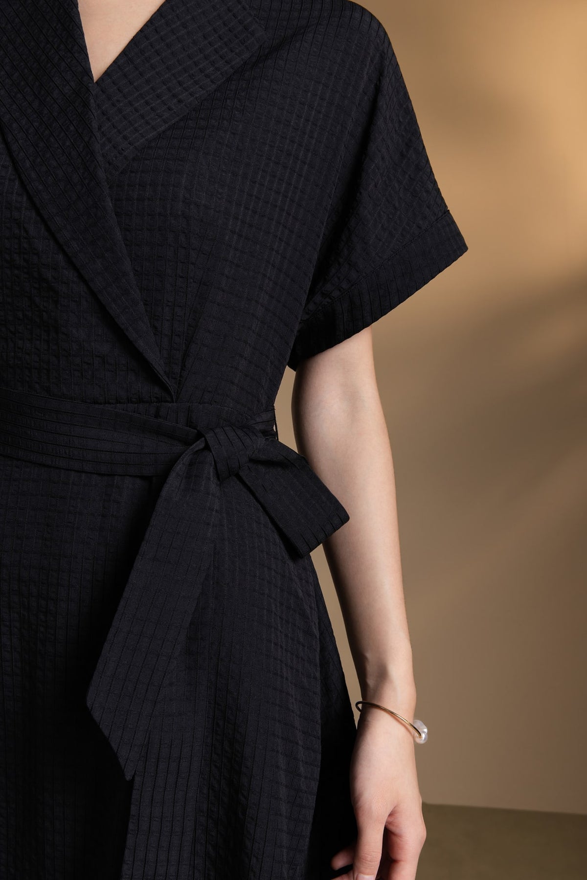 Poly Blend Seersucker Check Fit & Flare Lapel Collar Dress with Detachable Self-Fabric Belt