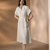 Poly Rayon Seersucker Check Fit & Flare Lapel Collar Dress with Detachable Self-Fabric Belt