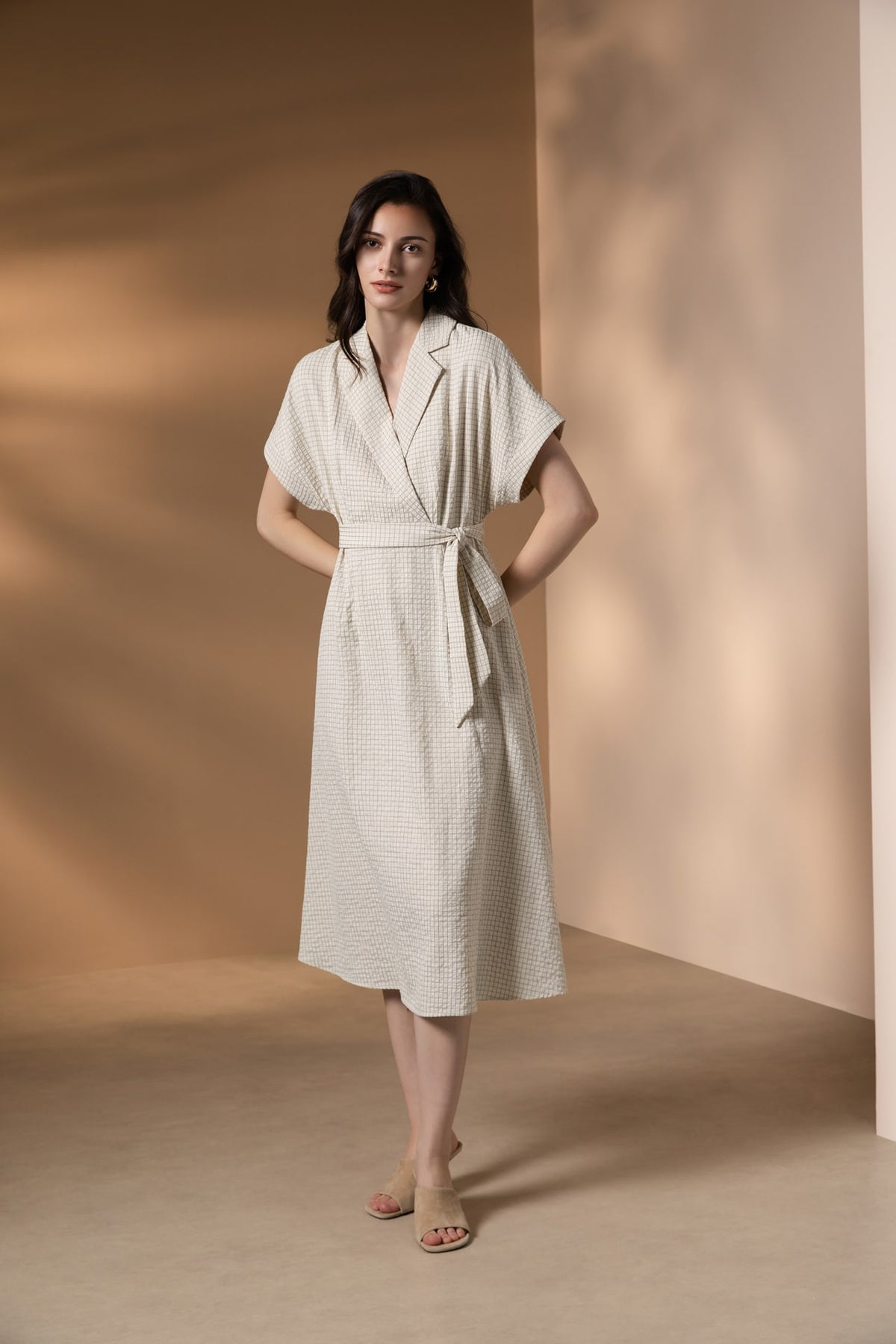Poly Rayon Seersucker Check Fit & Flare Lapel Collar Dress with Detachable Self-Fabric Belt