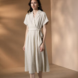 Poly Rayon Seersucker Check Fit & Flare Lapel Collar Dress with Detachable Self-Fabric Belt