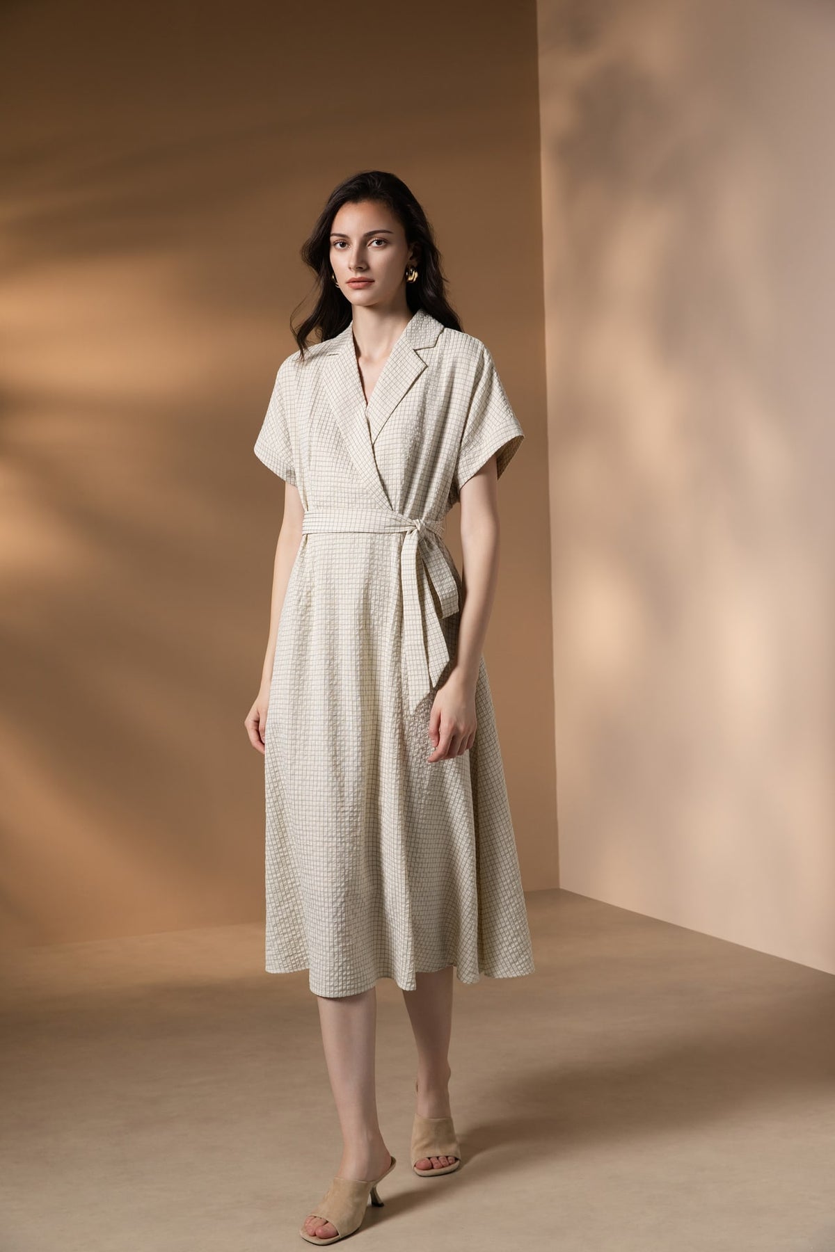 Poly Rayon Seersucker Check Fit & Flare Lapel Collar Dress with Detachable Self-Fabric Belt