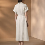 Poly Rayon Seersucker Check Fit & Flare Lapel Collar Dress with Detachable Self-Fabric Belt