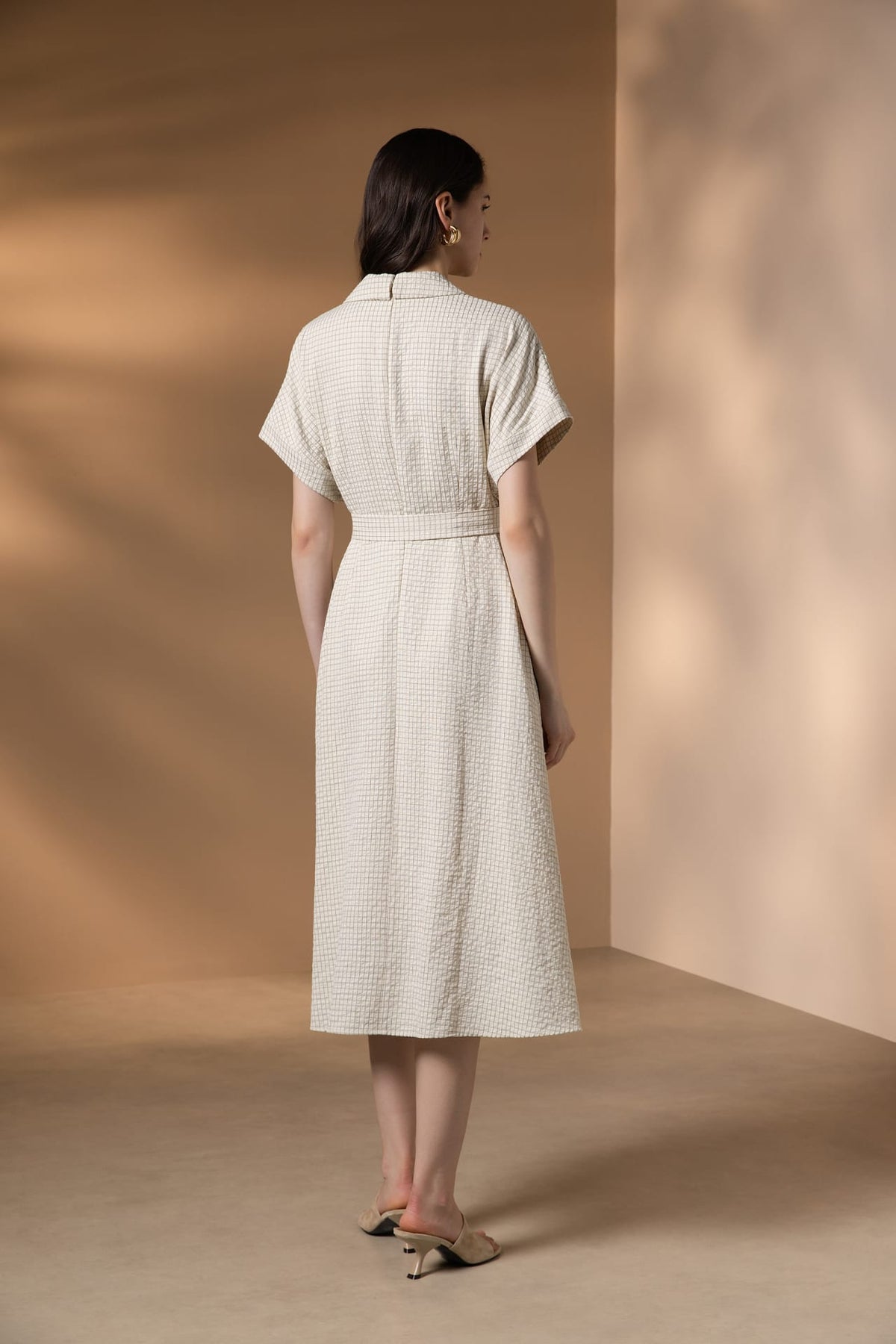 Poly Rayon Seersucker Check Fit & Flare Lapel Collar Dress with Detachable Self-Fabric Belt