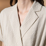 Poly Rayon Seersucker Check Fit & Flare Lapel Collar Dress with Detachable Self-Fabric Belt