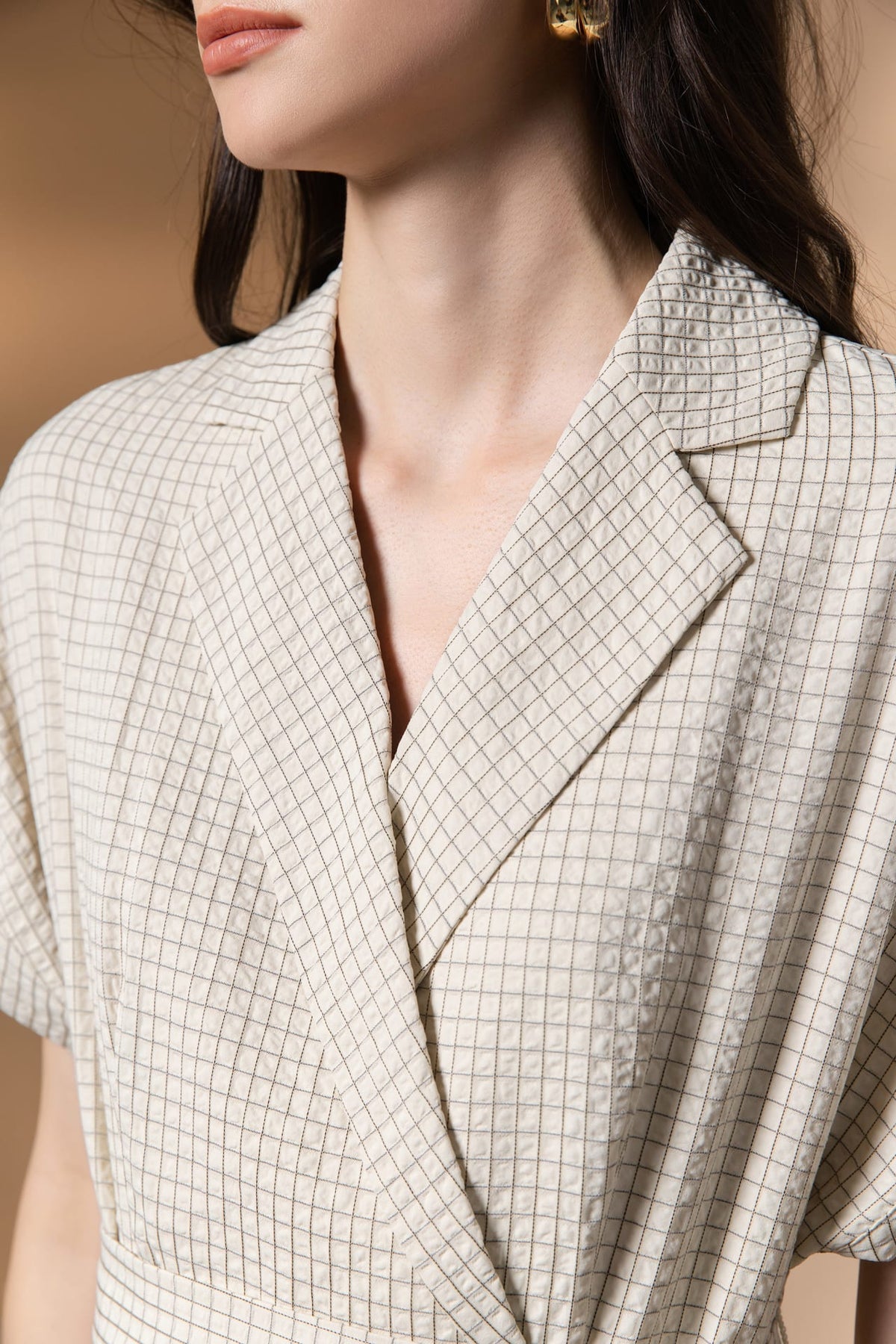 Poly Rayon Seersucker Check Fit & Flare Lapel Collar Dress with Detachable Self-Fabric Belt