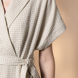 Poly Rayon Seersucker Check Fit & Flare Lapel Collar Dress with Detachable Self-Fabric Belt