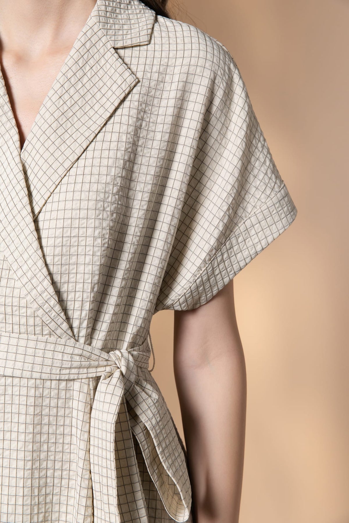 Poly Rayon Seersucker Check Fit & Flare Lapel Collar Dress with Detachable Self-Fabric Belt