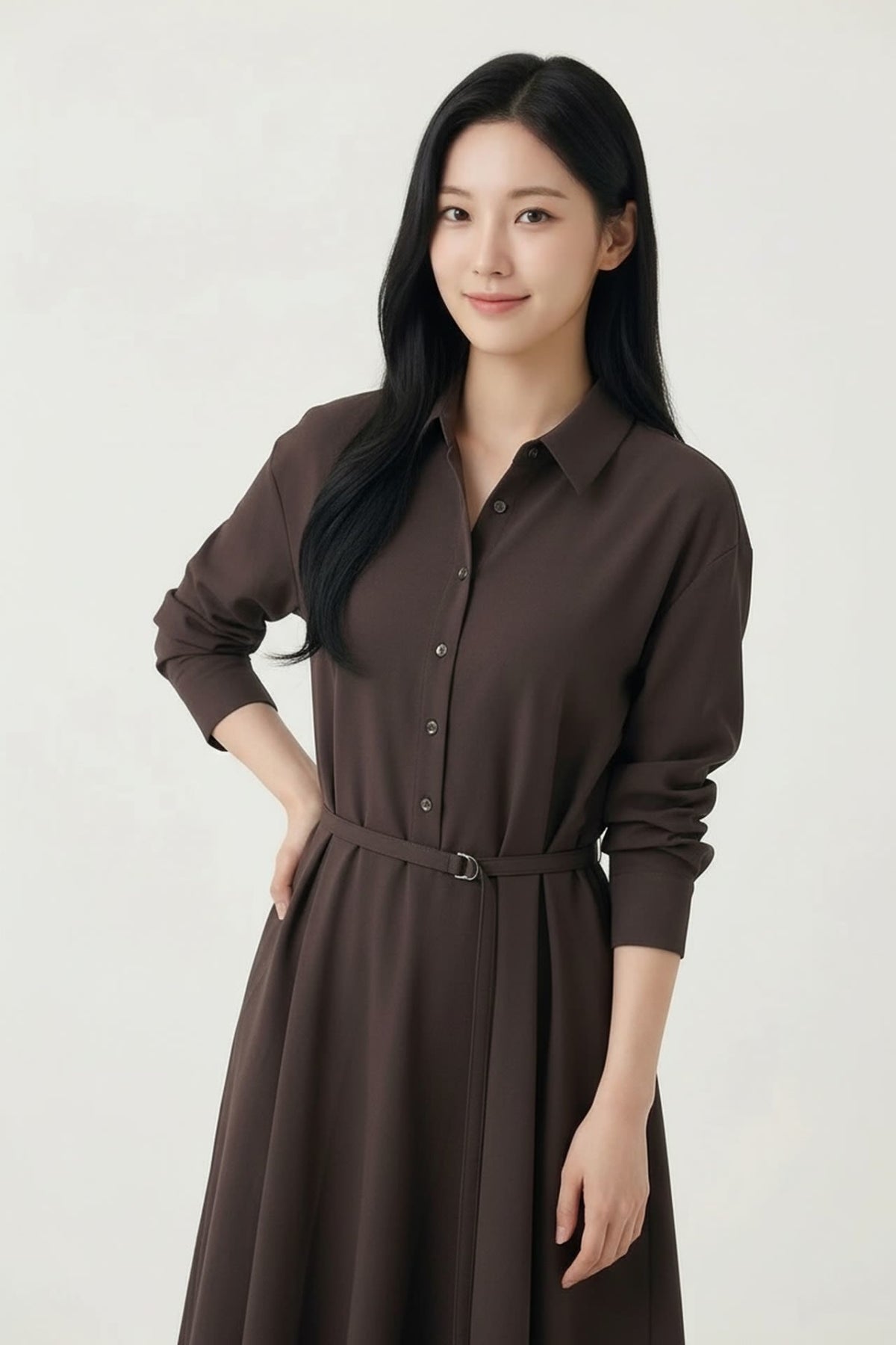 G2000 - Dresses - Multi-Way Stretch Nylon Plain Weave Fit & Flare Lapel Collar Dress with Belt